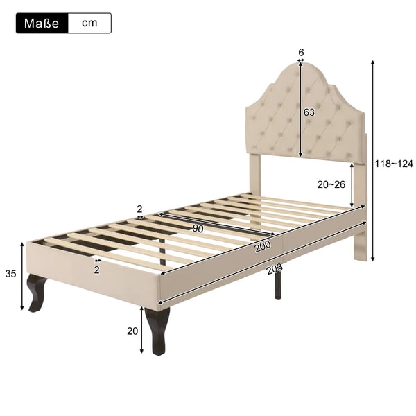 Polstret seng - Enkeltseng 90x200 cm - Med lamelbund - Justerbar sengegavl - Fløjl - Moderne stil - Hvid
