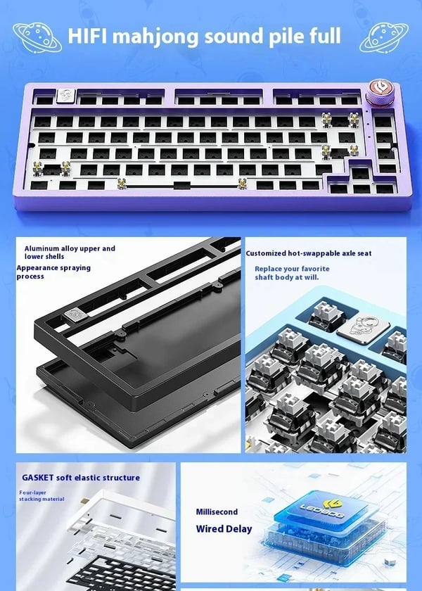 Hi75 - Mekaaninen näppäimistö - Langaton Bluetooth - 88 näppäintä - Hot-swap - RGB-valaistus - Multimediasäädin - Mustat kytkimet - Violetti