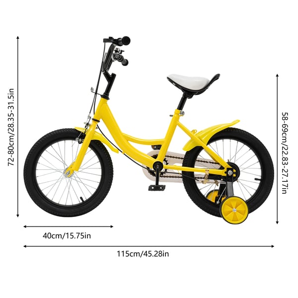 Børnecykel - 40 cm hjul med støttehjul - Højdejusterbar 100–135 cm - For 5–8 år - Stålstel - V-bremse foran, navbremse bag - Maks 50 kg - Gul