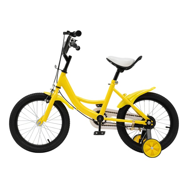 Børnecykel - 40 cm hjul med støttehjul - Højdejusterbar 100–135 cm - For 5–8 år - Stålstel - V-bremse foran, navbremse bag - Maks 50 kg - Gul