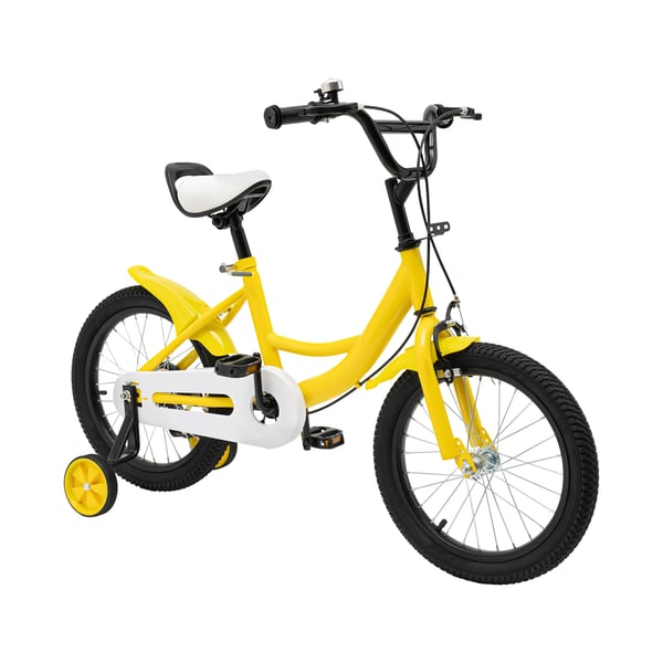 Børnecykel - 40 cm hjul med støttehjul - Højdejusterbar 100–135 cm - For 5–8 år - Stålstel - V-bremse foran, navbremse bag - Maks 50 kg - Gul