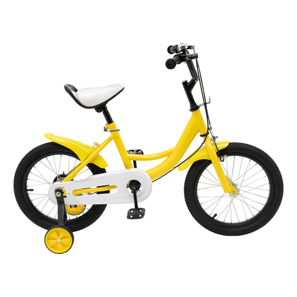 Børnecykel - 40 cm hjul med støttehjul - Højdejusterbar 100–135 cm - For 5–8 år - Stålstel - V-bremse foran, navbremse bag - Maks 50 kg - Gul