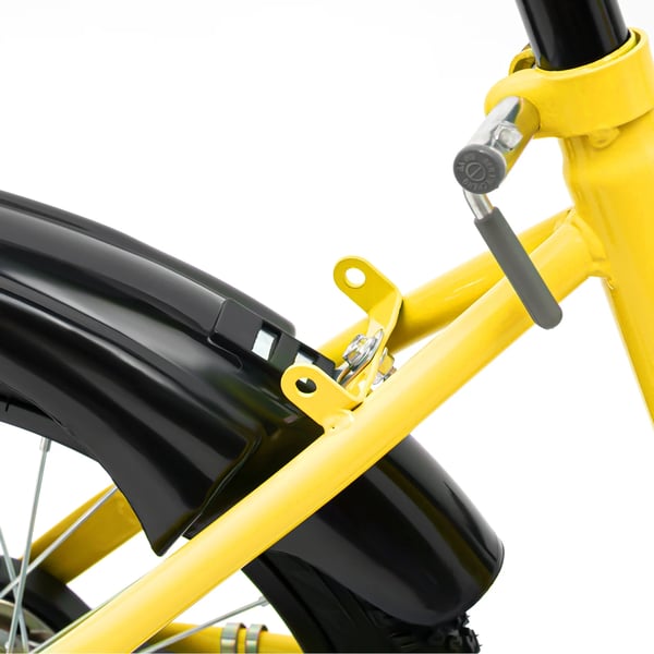 Børnecykel - 40 cm hjul med støttehjul - Højdejusterbar 100–135 cm - For 5–8 år - Stålstel - V-bremse foran, navbremse bag - Maks 50 kg - Gul