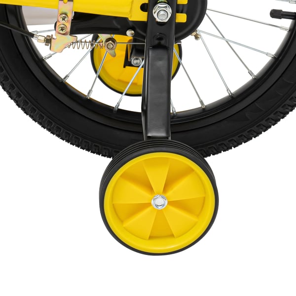 Børnecykel - 40 cm hjul med støttehjul - Højdejusterbar 100–135 cm - For 5–8 år - Stålstel - V-bremse foran, navbremse bag - Maks 50 kg - Gul