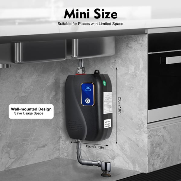 Mini el-vattenvärmare - Genomströmningsvärmare - AC 220 V - EU-kontakt - Kompakt - Snabb uppvärmning - För kök & badrum - Svart
