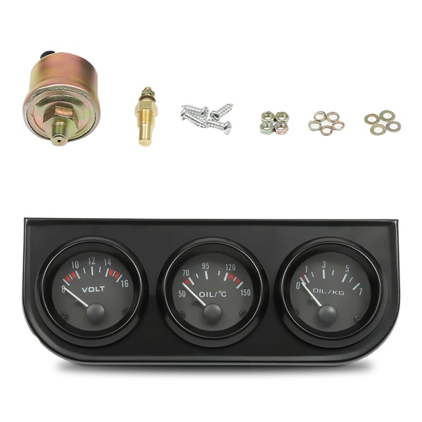 Bil 3-i-1 målersæt - 52 mm instrument - Olietryk, Vandtemperatur, Voltmeter - LED - ABS - Sort
