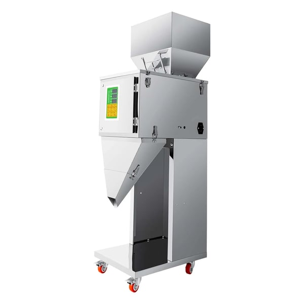 Rustfri automatisk vejefyldemaskine - Doseringsmaskine - 10–999 g Dosering - Nøjagtighed 2 g - 12–15 Poser/min - Tragt 35 kg - 110/220 V - Sølv