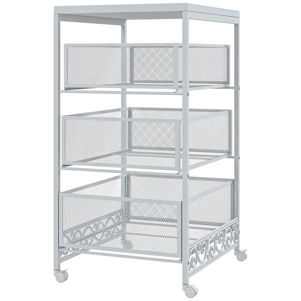 Rullvagn - Förvaringsvagn - Med 3 Våningar/3 Korgar - Med Hjul - Mått 34 x 29,5 x 57,5 cm - Stål & Melamin - Montering Krävs - Vit