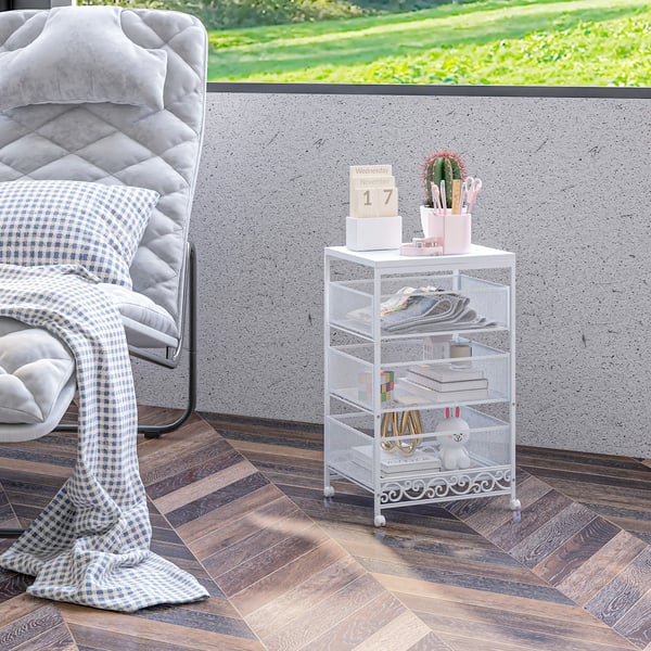 Rullvagn - Förvaringsvagn - Med 3 Våningar/3 Korgar - Med Hjul - Mått 34 x 29,5 x 57,5 cm - Stål & Melamin - Montering Krävs - Vit