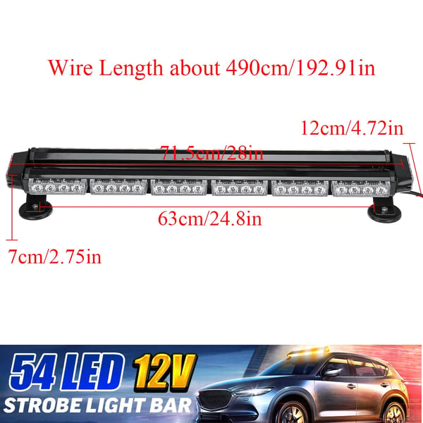 LED Advarselslys - Lysrampe - 71 cm Længde - 12V - 3000K - Tagmontering - Strobe/Blink - Nødlys til bil lastbil trailer