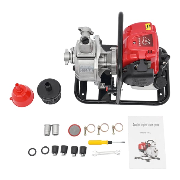 Benzindrevet vandpumpe - 4‑takts motor - Høj gennemstrømning - Op til 850 kPa - Olietank 900 ml - Kulstofstål & aluminiumslegering - Rød