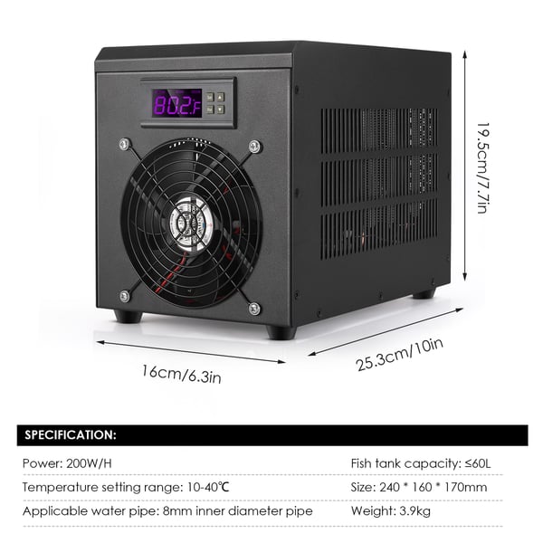 Akvaarion vedenjäähdytin & lämmitin - Lämpötilansäätö - 60 L - 10–40°C - EU-pistoke - 220–240 V - Musta