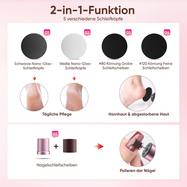 Elektrisk fodfil & hård hud fjerner - Håndholdt pedicure-fil - Genopladelig - Eksfolierer hård hud - Pink