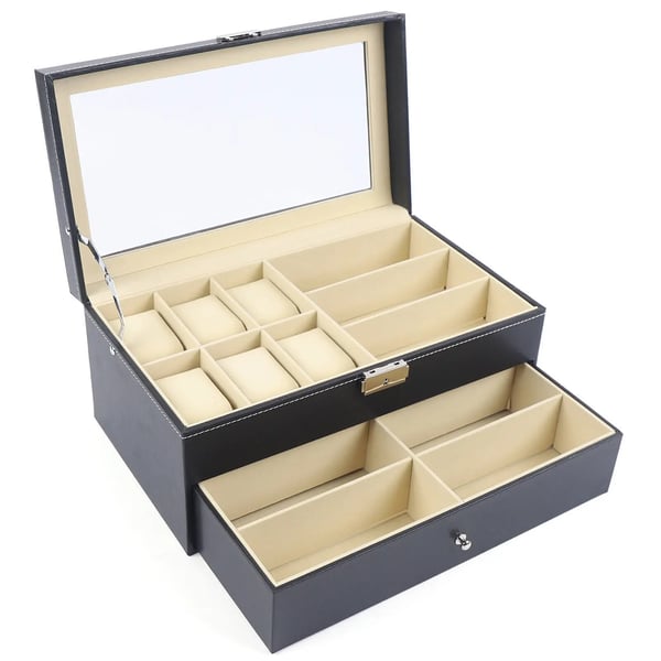 Smyckeskrin - Klocklåda - Kapacitet 4–7 Klockor - Metallspänne - Med Låda/Display - 33,5 x 19,5 x 15,5 cm - Svart