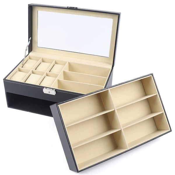 Smykkeskrin - Urkasse - Kapacitet 4–7 Ure - Metalspænde - Med Skuffe/Display - 33,5 x 19,5 x 15,5 cm - Sort