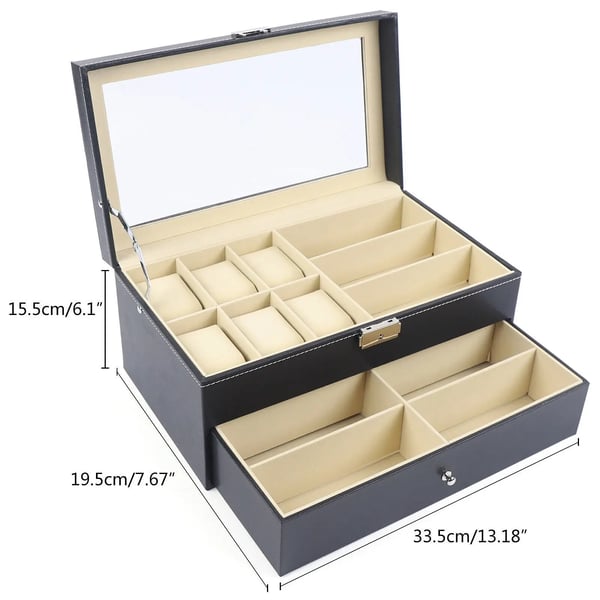 Smykkeskrin - Urkasse - Kapacitet 4–7 Ure - Metalspænde - Med Skuffe/Display - 33,5 x 19,5 x 15,5 cm - Sort