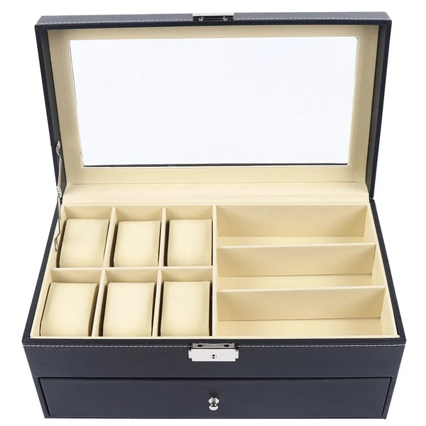 Smykkeskrin - Urkasse - Kapacitet 4–7 Ure - Metalspænde - Med Skuffe/Display - 33,5 x 19,5 x 15,5 cm - Sort