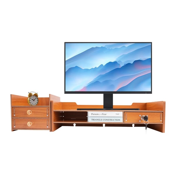 Skærmstander - Skrivebordsorganizer - Med skuffe og sidekabinet - MDF - Bæreevne 5 kg - Mål 48×20×13,5 cm, samlet længde 65,5 cm - Trælook