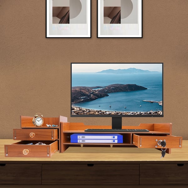 Skærmstander - Skrivebordsorganizer - Med skuffe og sidekabinet - MDF - Bæreevne 5 kg - Mål 48×20×13,5 cm, samlet længde 65,5 cm - Trælook