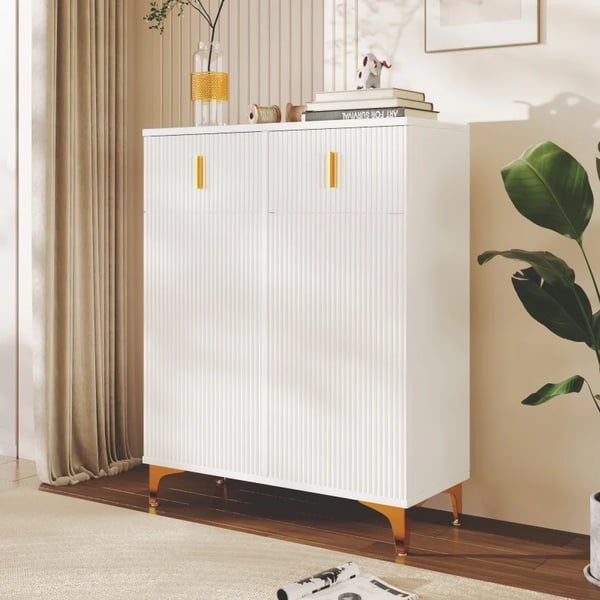 Sideboard/skoskab - Skoskab - Justerbare Hylder - Med Skuffer - Forgyldte Detaljer - Robust Panelkonstruktion - Hvid