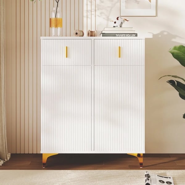 Sideboard/skoskab - Skoskab - Justerbare Hylder - Med Skuffer - Forgyldte Detaljer - Robust Panelkonstruktion - Hvid