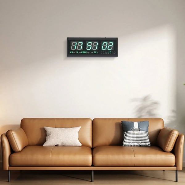 LED Digitalt Vægur - Stort Vægur - 48×19 cm - Dato & Temperatur - 220V - Lydløs - Sort med Grøn LED