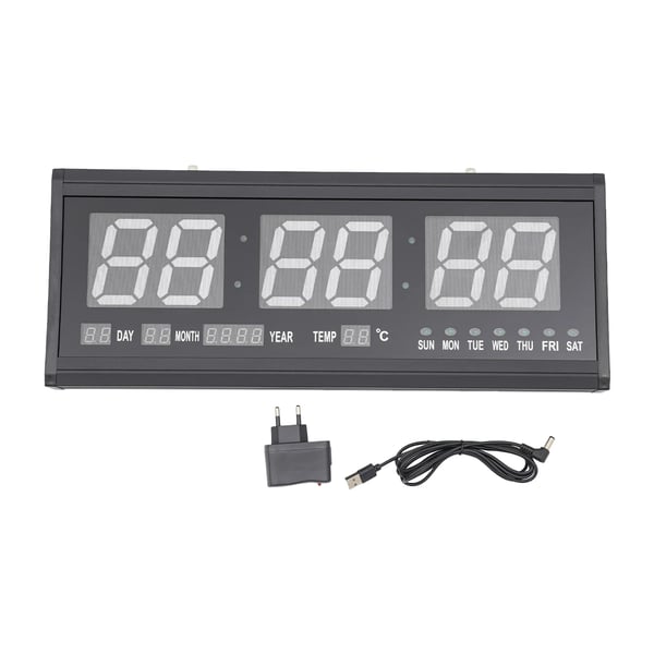 LED Digitalt Vægur - Stort Vægur - 48×19 cm - Dato & Temperatur - 220V - Lydløs - Sort med Grøn LED