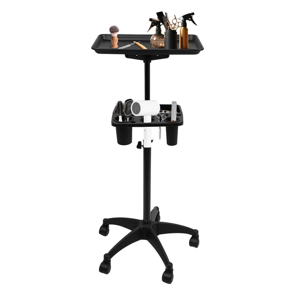 Frisørvogn - Salonvogn - 2 Hylder - Med Hjul - Justerbar Højde 68–101 cm - Mål 45×33 cm - Max 5 kg - Aluminium & ABS - Sort