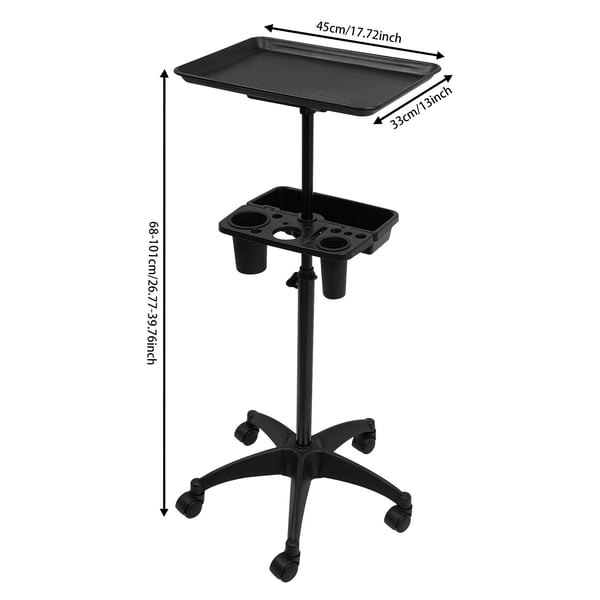 Frisørvogn - Salonvogn - 2 Hylder - Med Hjul - Justerbar Højde 68–101 cm - Mål 45×33 cm - Max 5 kg - Aluminium & ABS - Sort