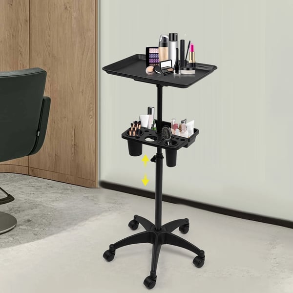 Frisørvogn - Salonvogn - 2 Hylder - Med Hjul - Justerbar Højde 68–101 cm - Mål 45×33 cm - Max 5 kg - Aluminium & ABS - Sort