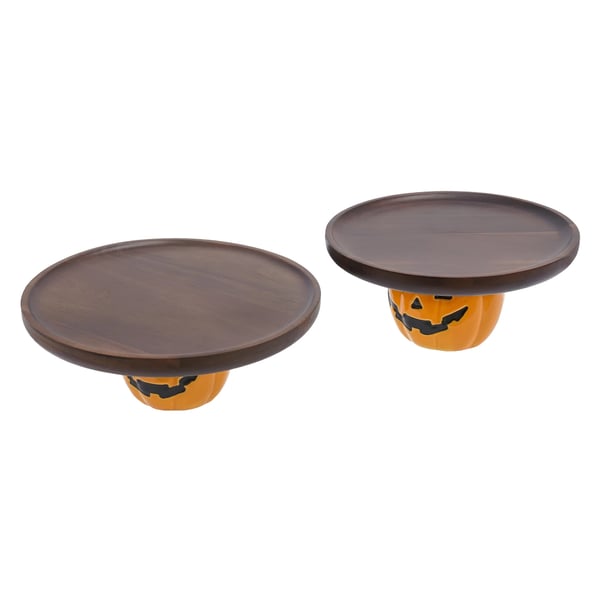 Træ kagebakke græskarformet - Serveringsbakke sæt 2 stk - Halloween - 21,5 cm + 26 cm - Til kager & cupcakes - Mørkebrun