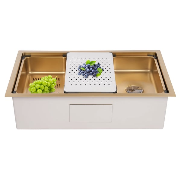 Køkkenvask - Workstation Ledge Enkeltkumme - 76 x 45,8 x 22 cm - Under-/Overmontering - 304/201 Rustfrit Stål - Uden Armatur - Guld