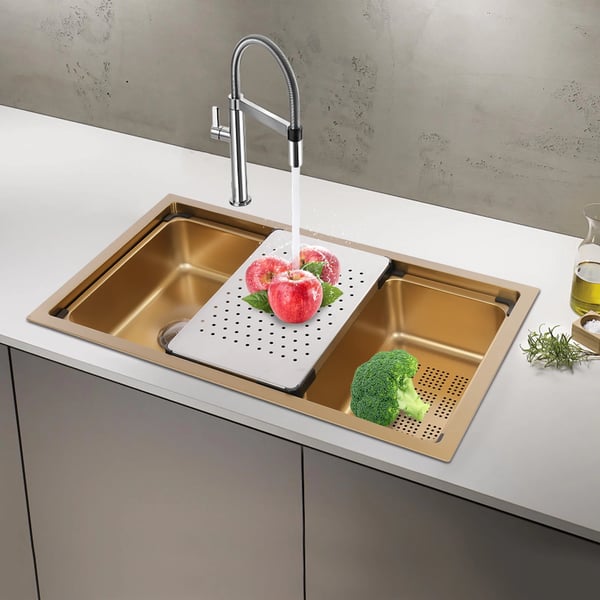 Køkkenvask - Workstation Ledge Enkeltkumme - 76 x 45,8 x 22 cm - Under-/Overmontering - 304/201 Rustfrit Stål - Uden Armatur - Guld