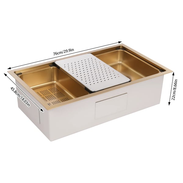 Køkkenvask - Workstation Ledge Enkeltkumme - 76 x 45,8 x 22 cm - Under-/Overmontering - 304/201 Rustfrit Stål - Uden Armatur - Guld
