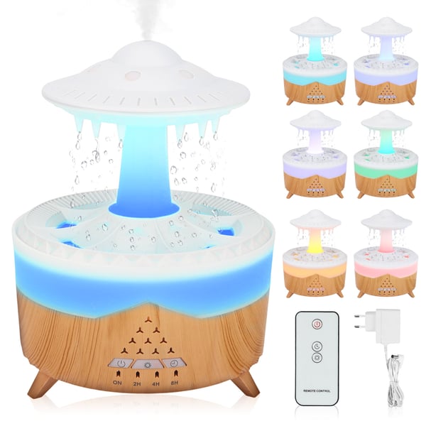 UFO luftfugter - Svamplampe med regn - Regnlyde til søvn - 3-farvet LED - Støj <36 dB - 24 V 10 W - <1 L kapacitet - EU-stik - Hvid