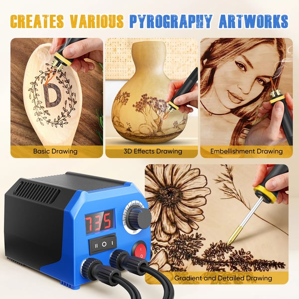 Træbrændingsstation - Dobbelt pyrografipensæt - Digitalt justerbar temperatur - CE-certificeret - Til pyrografi - Blå