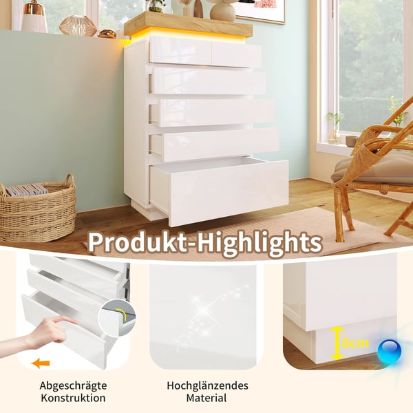 Kommode - Opbevaringsskab - 6 skuffer - LED-lys med app-styring - 115 x 73 x 39 cm - Spånplade - Moderne minimalistisk - Hvid
