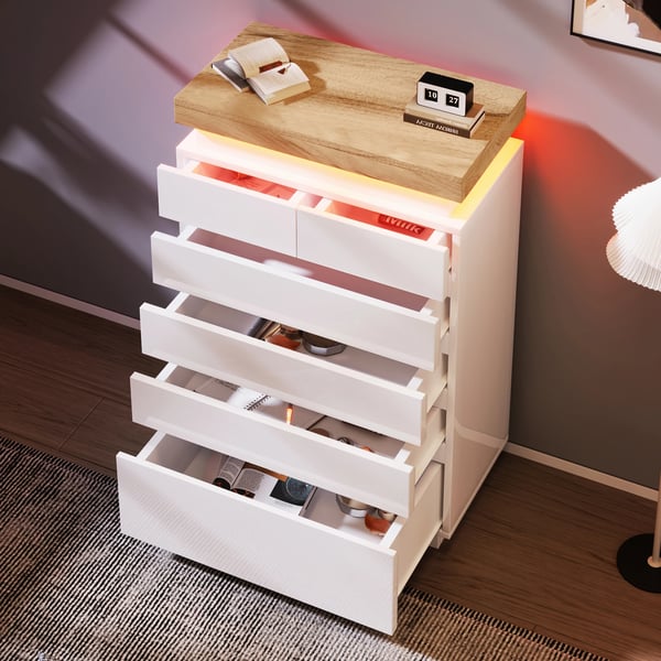 Kommode - Opbevaringsskab - 6 skuffer - LED-lys med app-styring - 115 x 73 x 39 cm - Spånplade - Moderne minimalistisk - Hvid