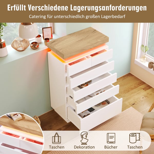 Kommode - Opbevaringsskab - 6 skuffer - LED-lys med app-styring - 115 x 73 x 39 cm - Spånplade - Moderne minimalistisk - Hvid