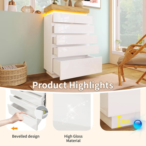 Kommode - Opbevaringsskab - 6 skuffer - LED-lys med app-styring - 115 x 73 x 39 cm - Spånplade - Moderne minimalistisk - Hvid