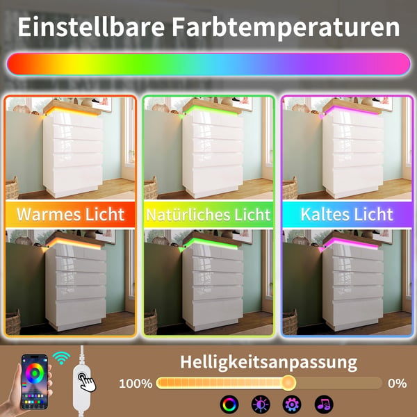 Kommode - Opbevaringsskab - 6 skuffer - LED-lys med app-styring - 115 x 73 x 39 cm - Spånplade - Moderne minimalistisk - Hvid