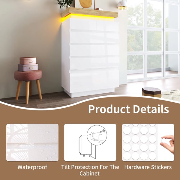 Kommode - Opbevaringsskab - 6 skuffer - LED-lys med app-styring - 115 x 73 x 39 cm - Spånplade - Moderne minimalistisk - Hvid