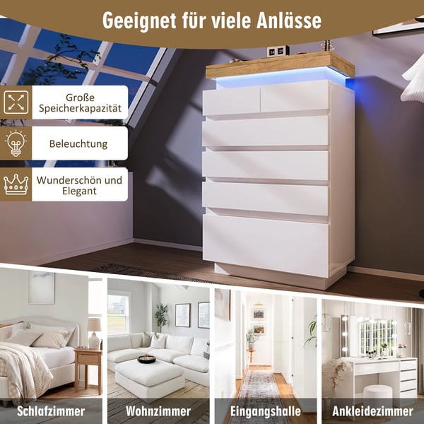 Kommode - Opbevaringsskab - 6 skuffer - LED-lys med app-styring - 115 x 73 x 39 cm - Spånplade - Moderne minimalistisk - Hvid