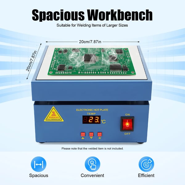 Forvarmeplade til lodning - Model 946 - 800 W, 20×20 cm, LCD, 50–400 °C, ±2 °C, AC 220–250 V - Hvid