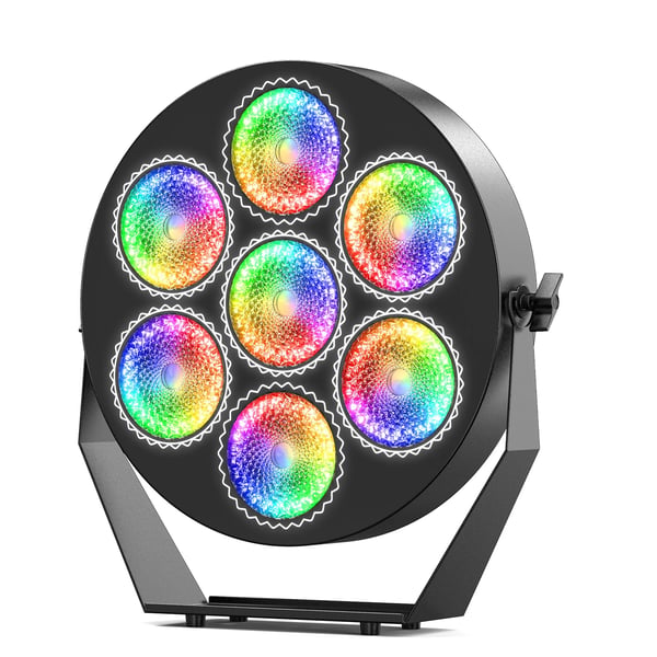 RGB LED scenelys - PAR-lampe 7x50W - DMX512 13/37 kanaler - RGB-LED (168 stk.), Stroboskop - Auto/Lyd/Master-Slave - Spænding 90–240V - Varm hvid