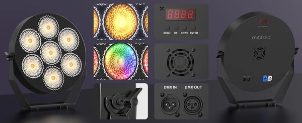 RGB LED scenelys - PAR-lampe 7x50W - DMX512 13/37 kanaler - RGB-LED (168 stk.), Stroboskop - Auto/Lyd/Master-Slave - Spænding 90–240V - Varm hvid