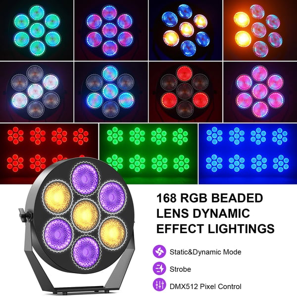RGB LED scenelys - PAR-lampe 7x50W - DMX512 13/37 kanaler - RGB-LED (168 stk.), Stroboskop - Auto/Lyd/Master-Slave - Spænding 90–240V - Varm hvid