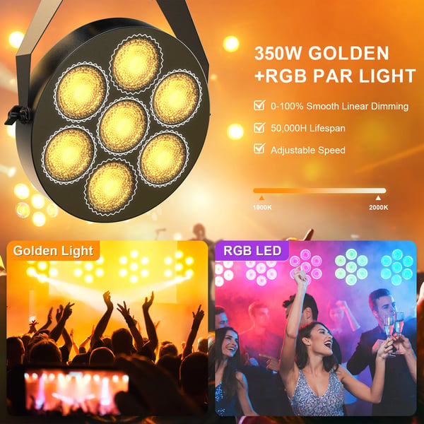 RGB LED scenelys - PAR-lampe 7x50W - DMX512 13/37 kanaler - RGB-LED (168 stk.), Stroboskop - Auto/Lyd/Master-Slave - Spænding 90–240V - Varm hvid