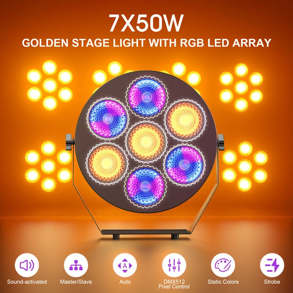RGB LED scenelys - PAR-lampe 7x50W - DMX512 13/37 kanaler - RGB-LED (168 stk.), Stroboskop - Auto/Lyd/Master-Slave - Spænding 90–240V - Varm hvid