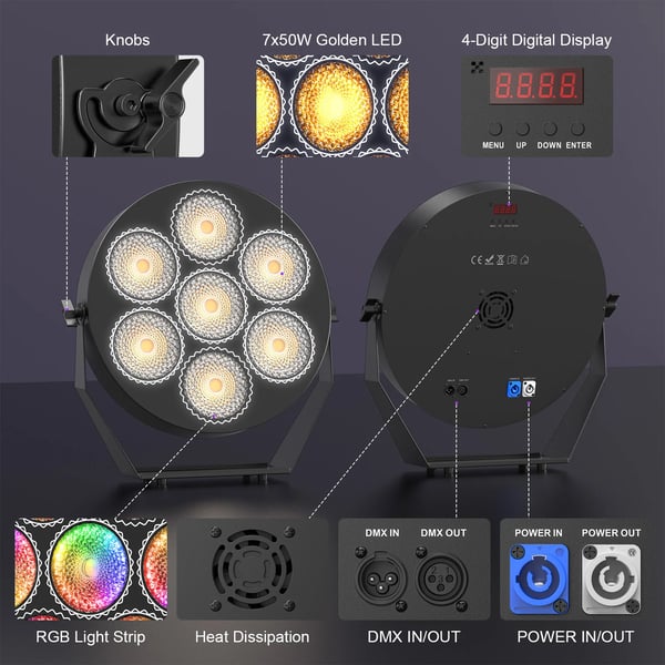 RGB LED scenelys - PAR-lampe 7x50W - DMX512 13/37 kanaler - RGB-LED (168 stk.), Stroboskop - Auto/Lyd/Master-Slave - Spænding 90–240V - Varm hvid